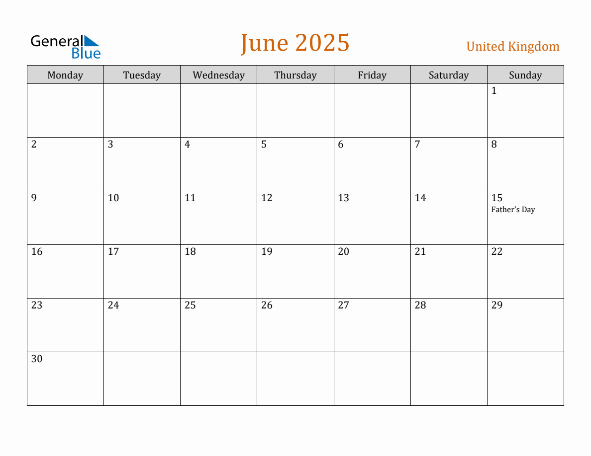 Free June 2025 United Kingdom Calendar