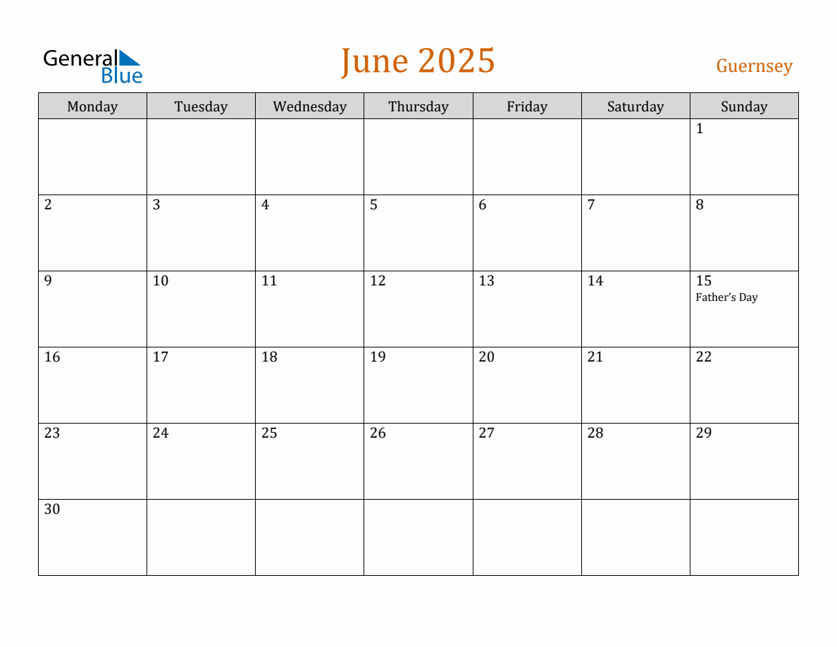 Free June 2025 Guernsey Calendar