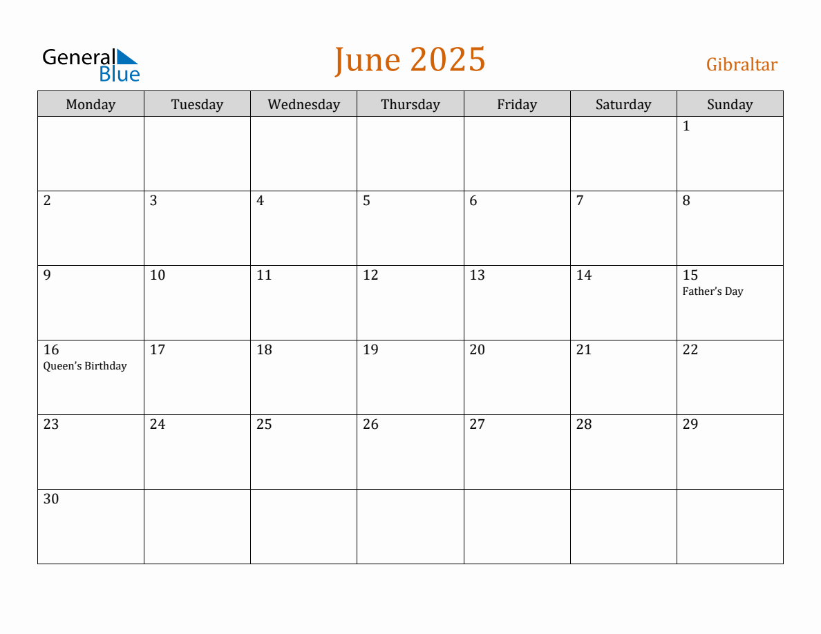 Free June 2025 Gibraltar Calendar