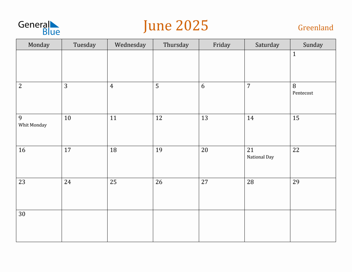 Free June 2025 Greenland Calendar