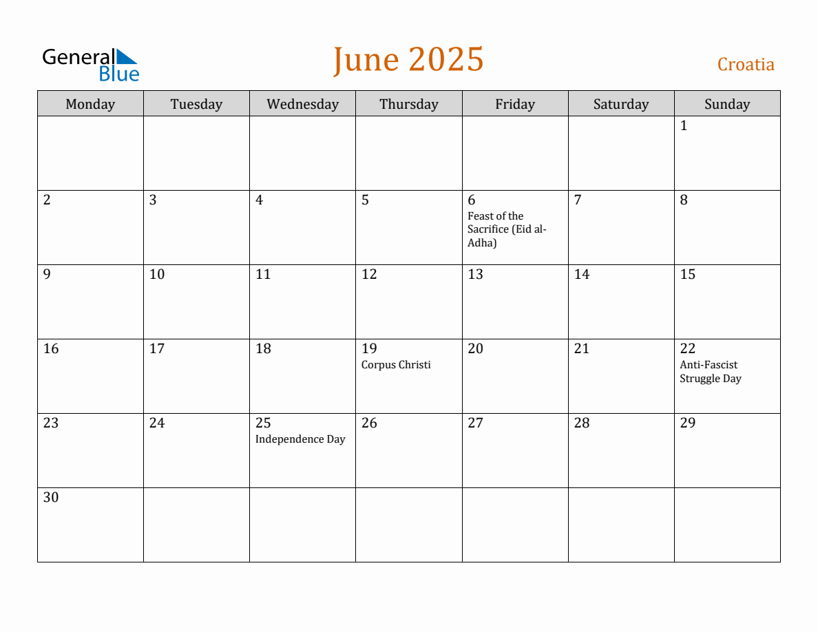 Free June 2025 Croatia Calendar