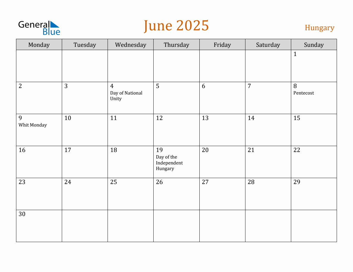 Free June 2025 Hungary Calendar