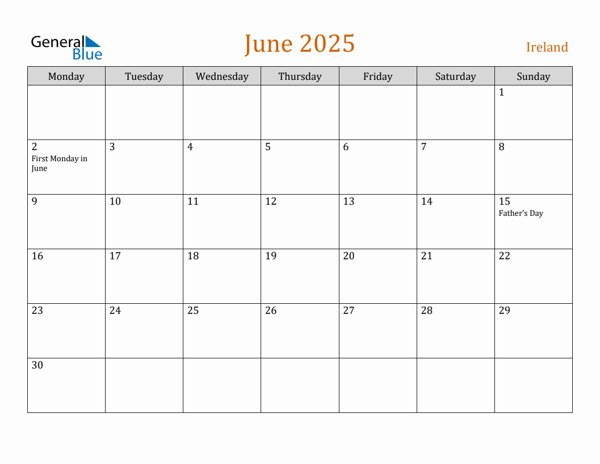 Free June 2025 Ireland Calendar