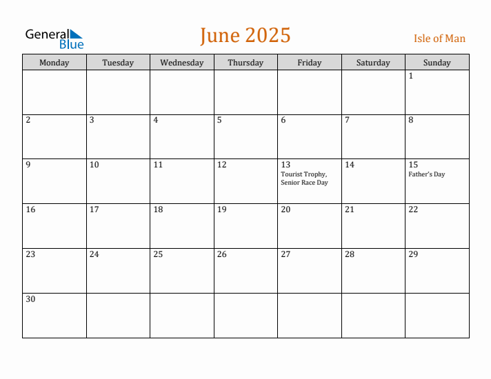 June 2025 Isle of Man Monthly Calendar with Holidays