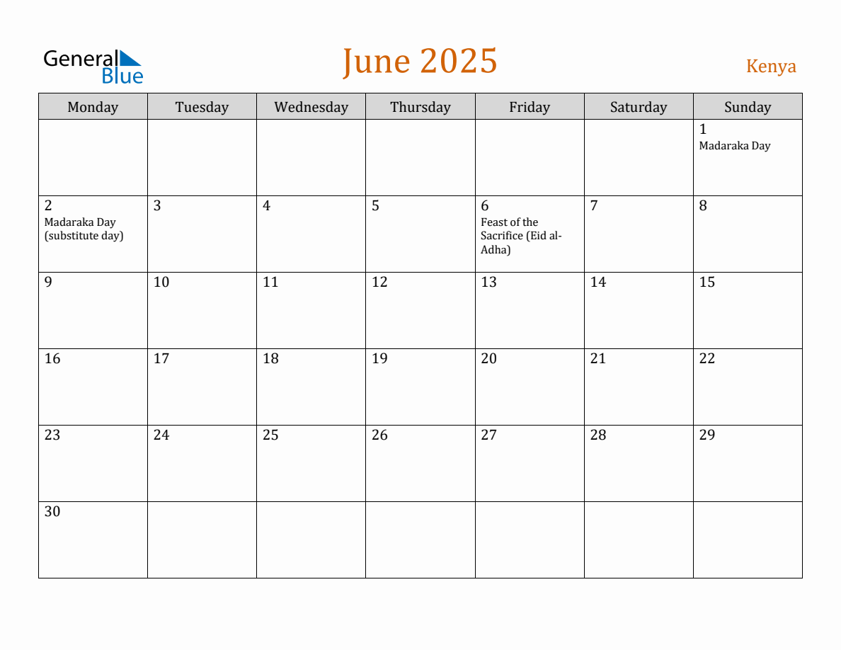 Free June 2025 Kenya Calendar