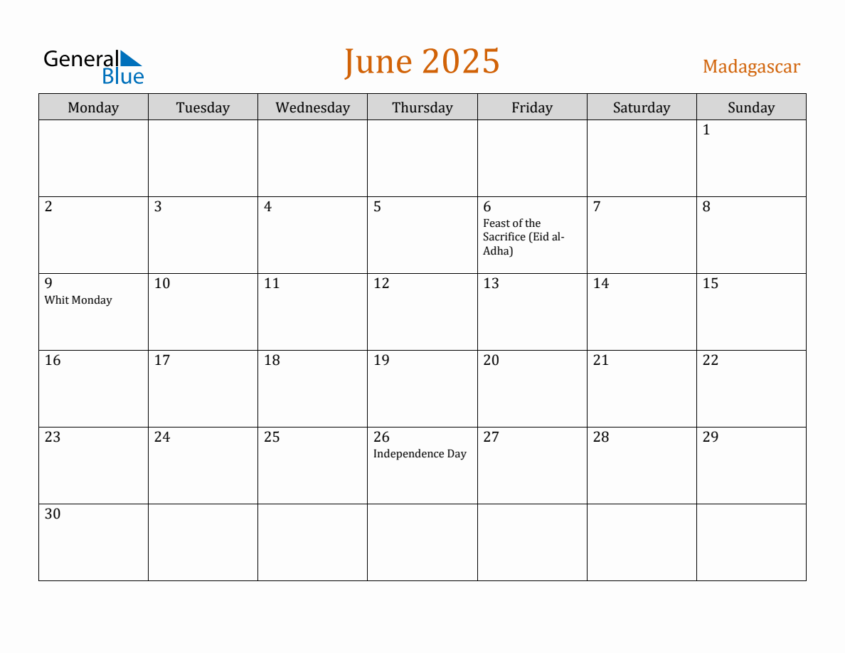 Free June 2025 Madagascar Calendar