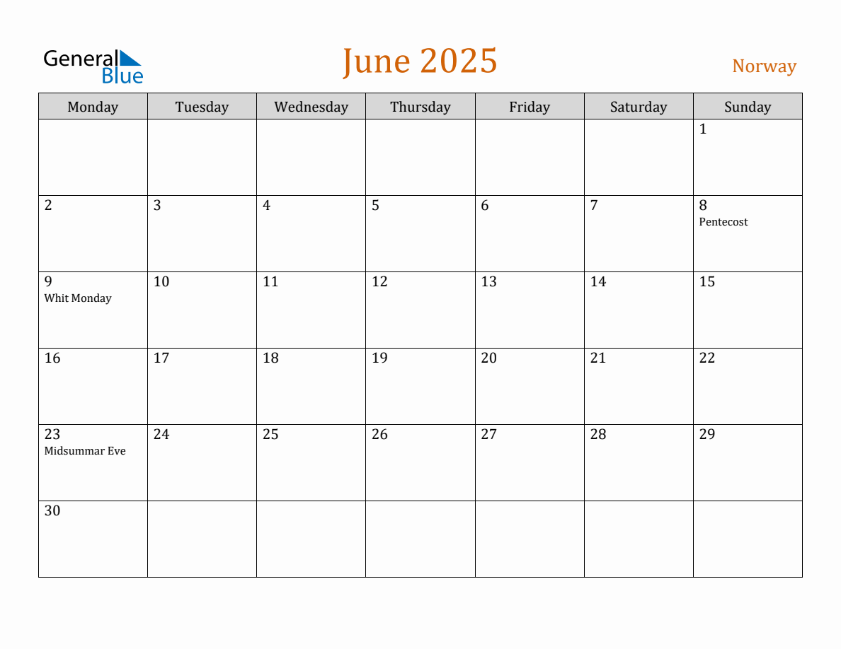 Free June 2025 Norway Calendar