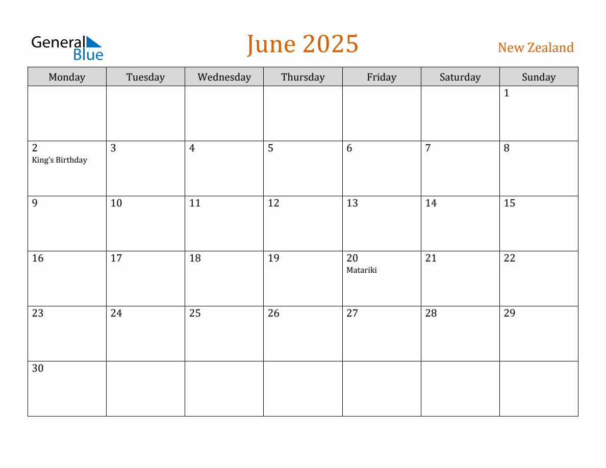 Free June 2025 New Zealand Calendar