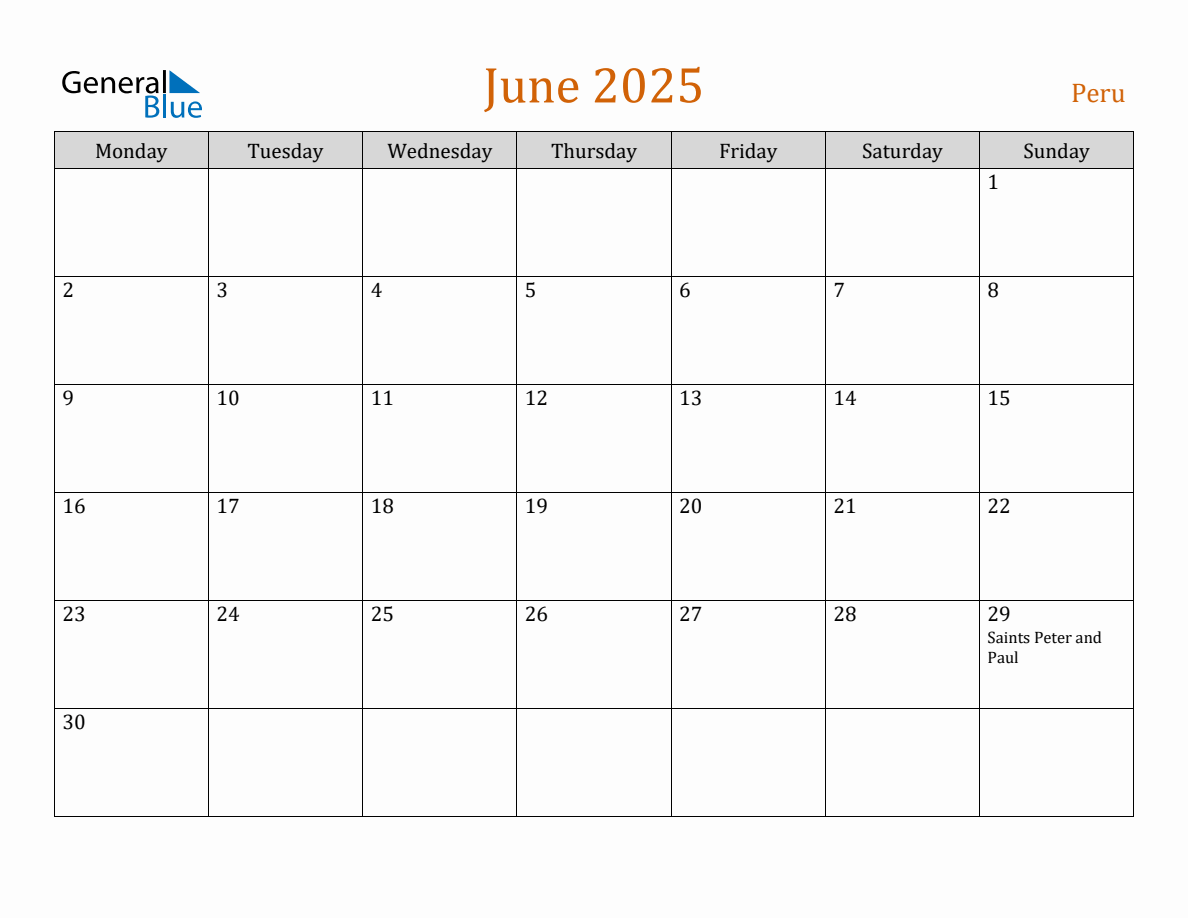 Free June 2025 Peru Calendar