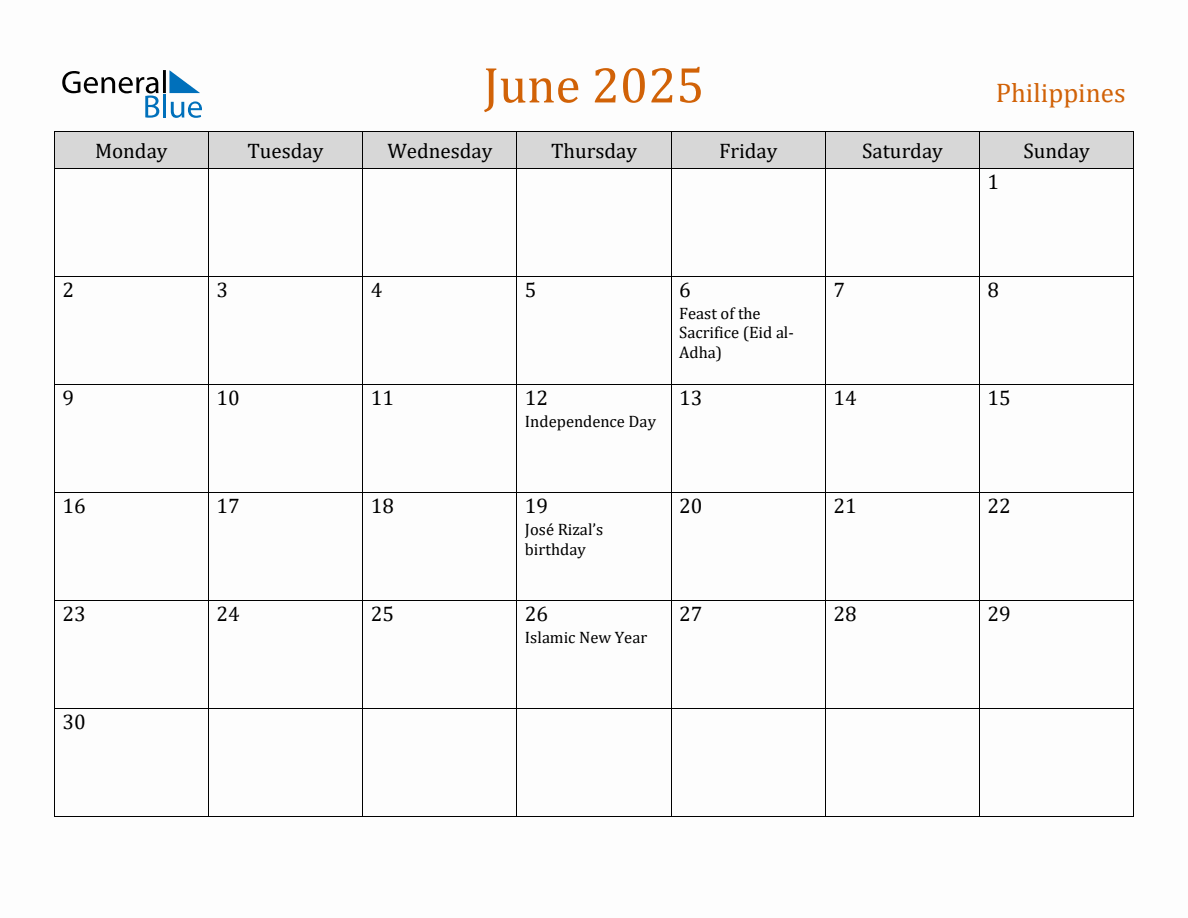 Free June 2025 Philippines Calendar