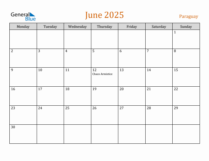 June 2025 Holiday Calendar with Monday Start