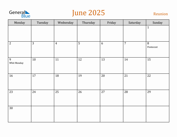 June 2025 Reunion Monthly Calendar with Holidays