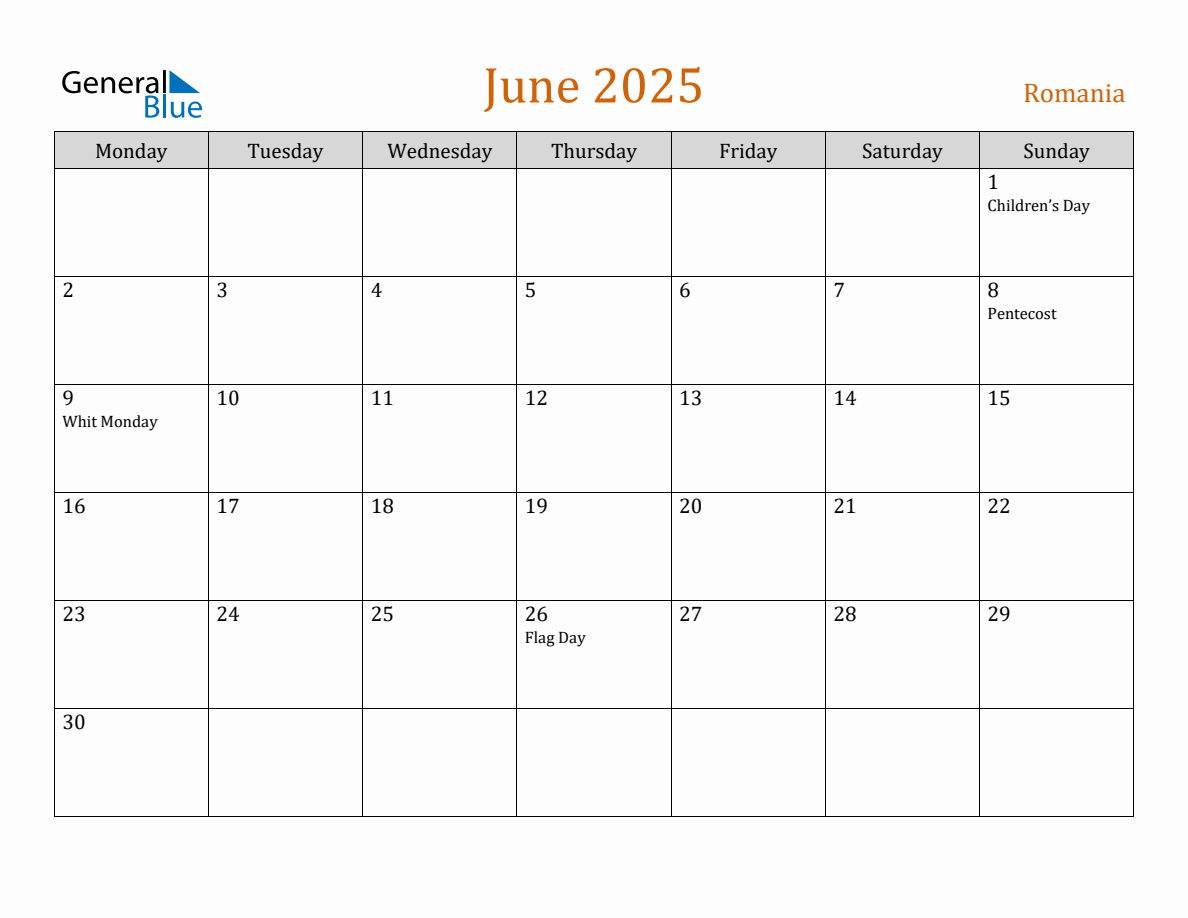 Free June 2025 Romania Calendar