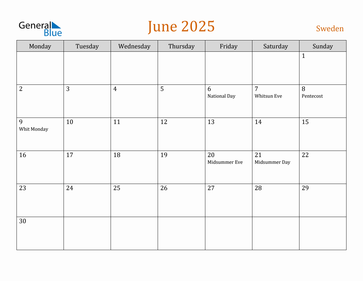 Free June 2025 Sweden Calendar