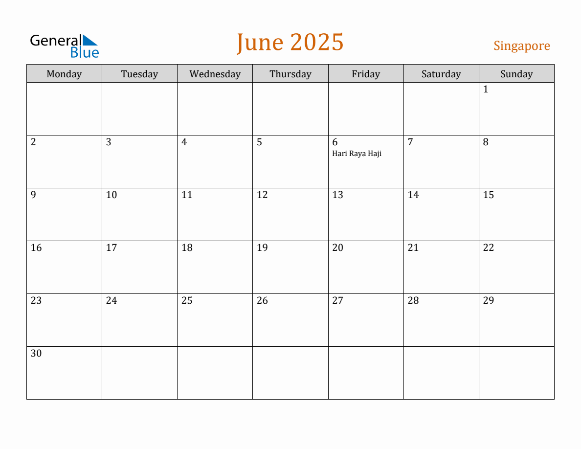 Free June 2025 Singapore Calendar