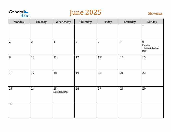 June 2025 Holiday Calendar with Monday Start