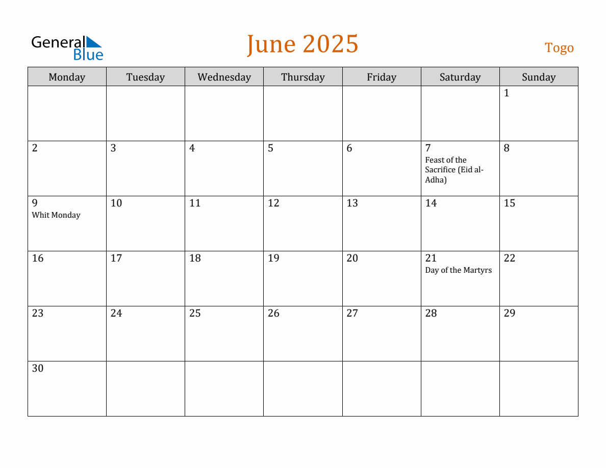 Free June 2025 Togo Calendar