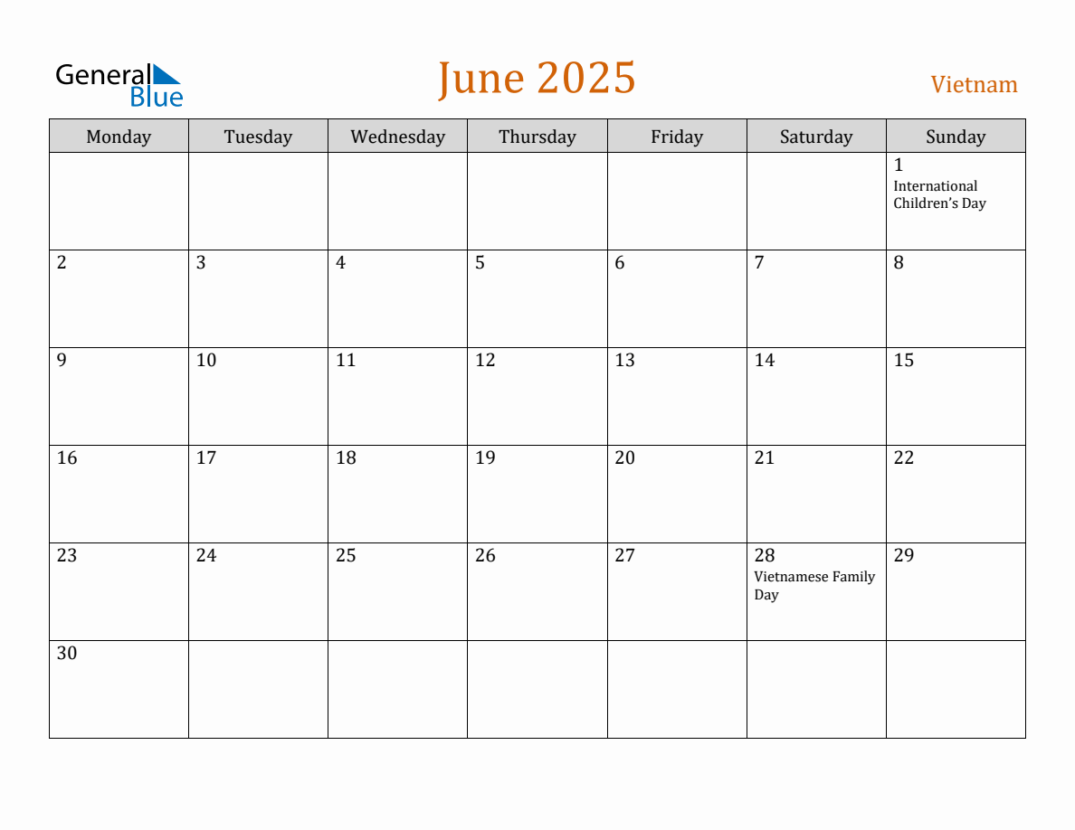 Free June 2025 Vietnam Calendar