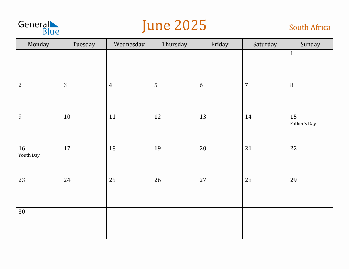 Free June 2025 South Africa Calendar