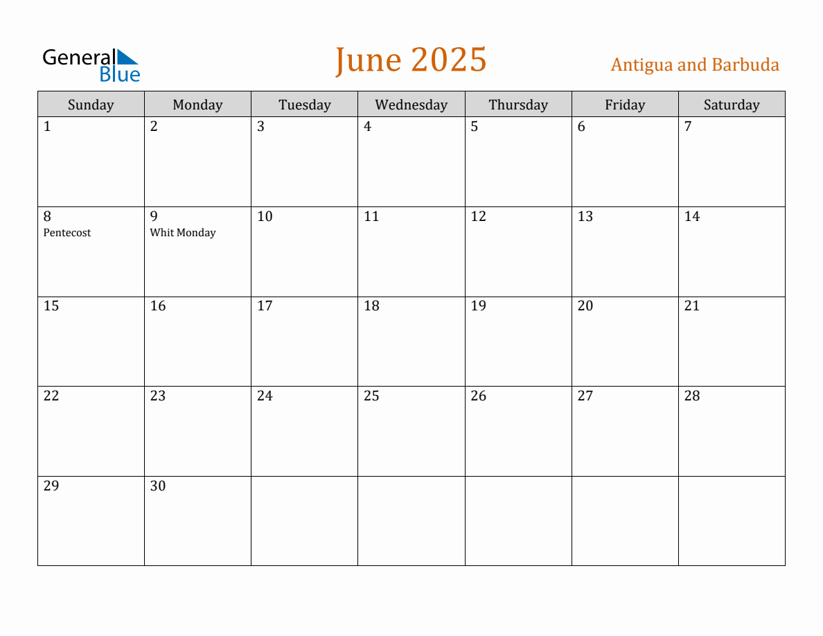 Free June 2025 Antigua and Barbuda Calendar