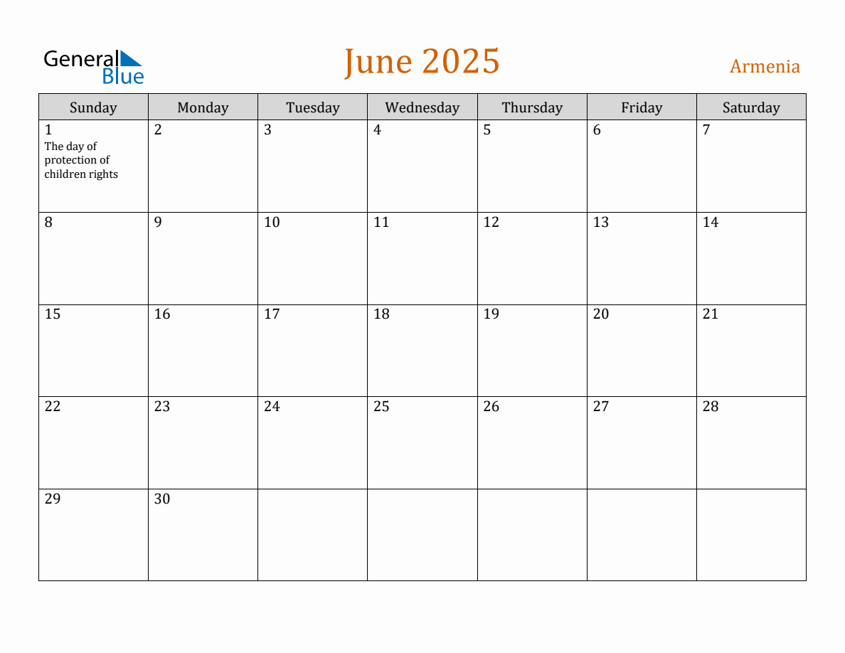 Free June 2025 Armenia Calendar