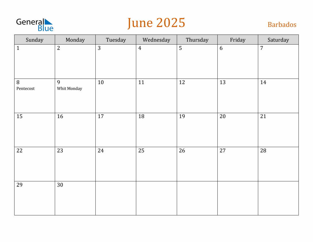 Free June 2025 Barbados Calendar