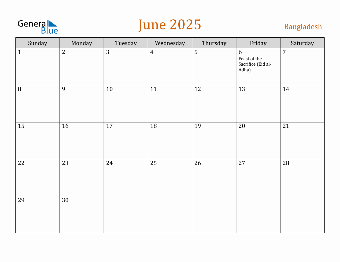 Free June 2025 Bangladesh Calendar
