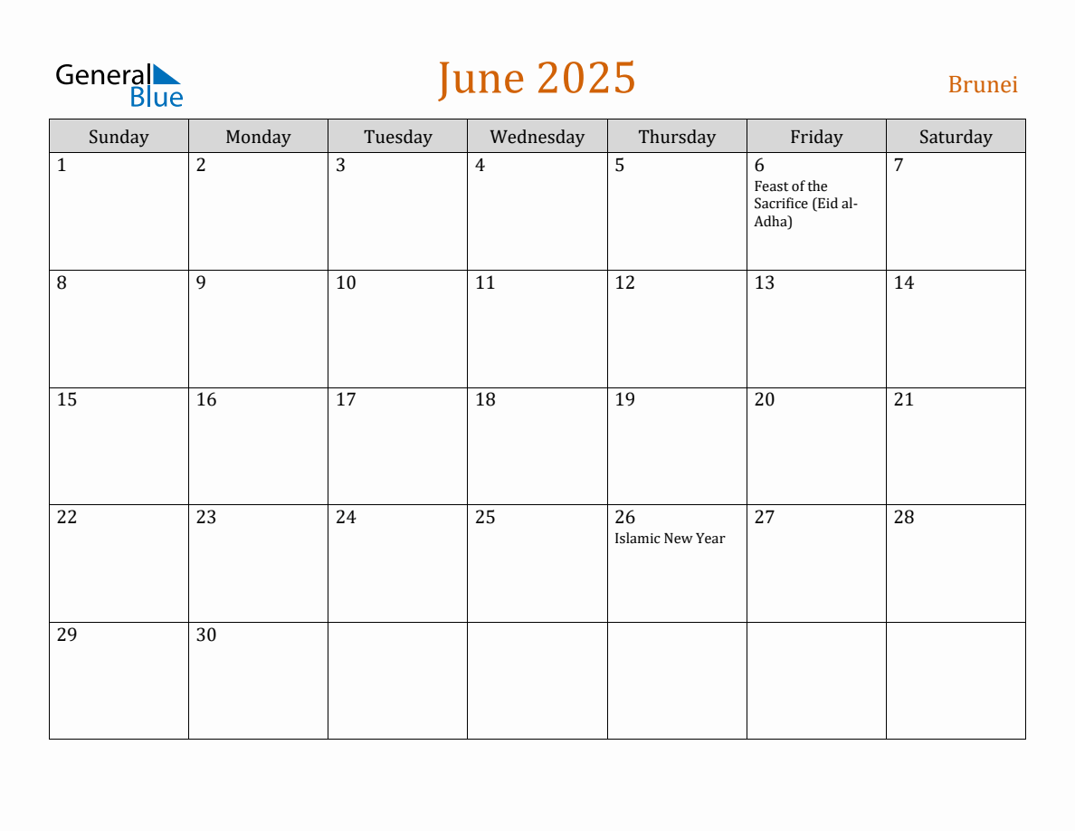 Free June 2025 Brunei Calendar