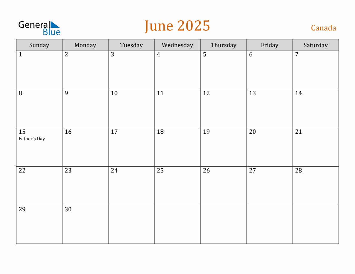 Free June 2025 Canada Calendar