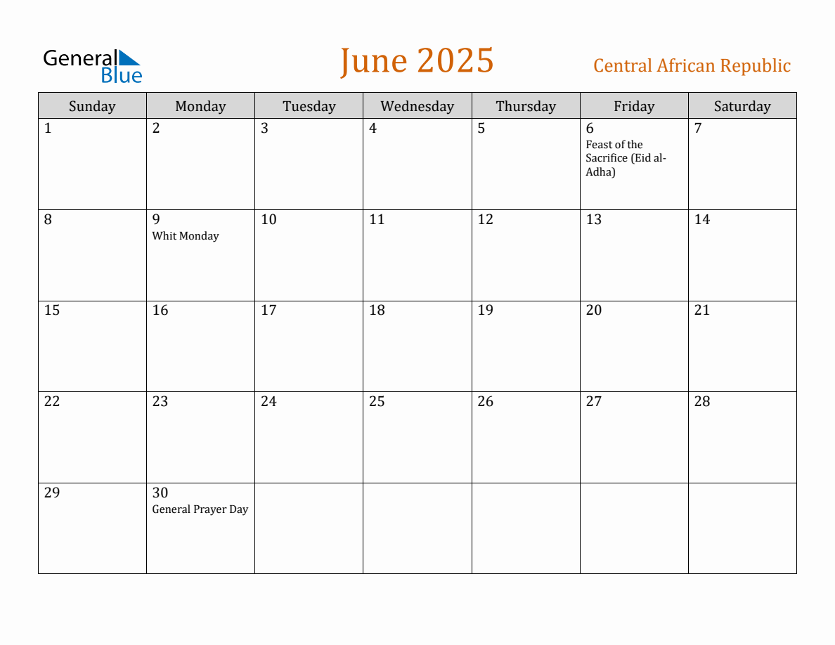 Free June 2025 Central African Republic Calendar