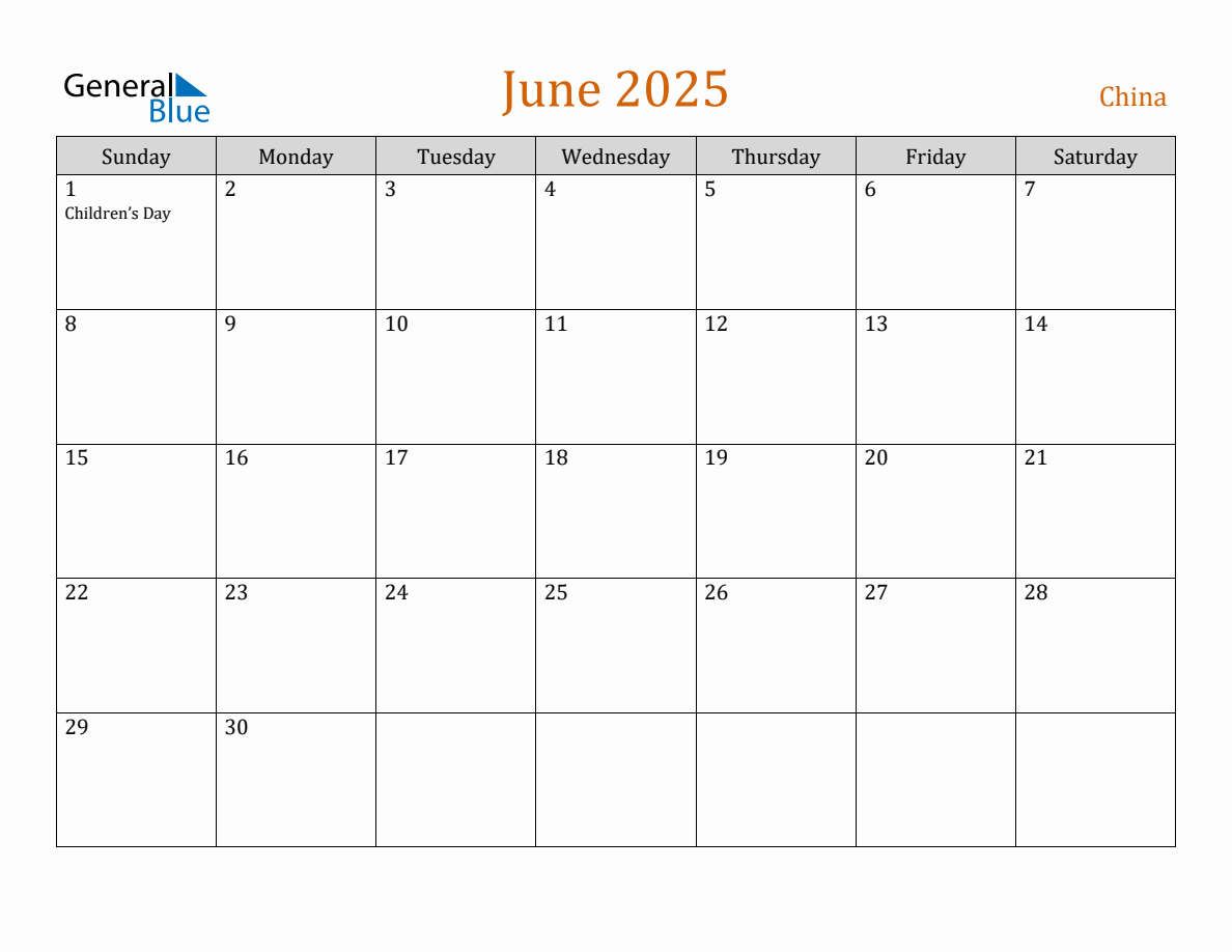 Free June 2025 China Calendar