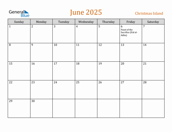 Free June 2025 Christmas Island Calendar