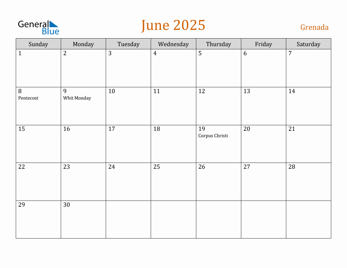 Free June 2025 Grenada Calendar