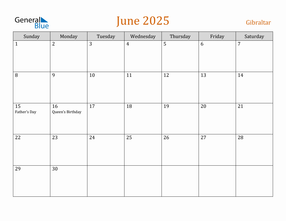 Free June 2025 Gibraltar Calendar