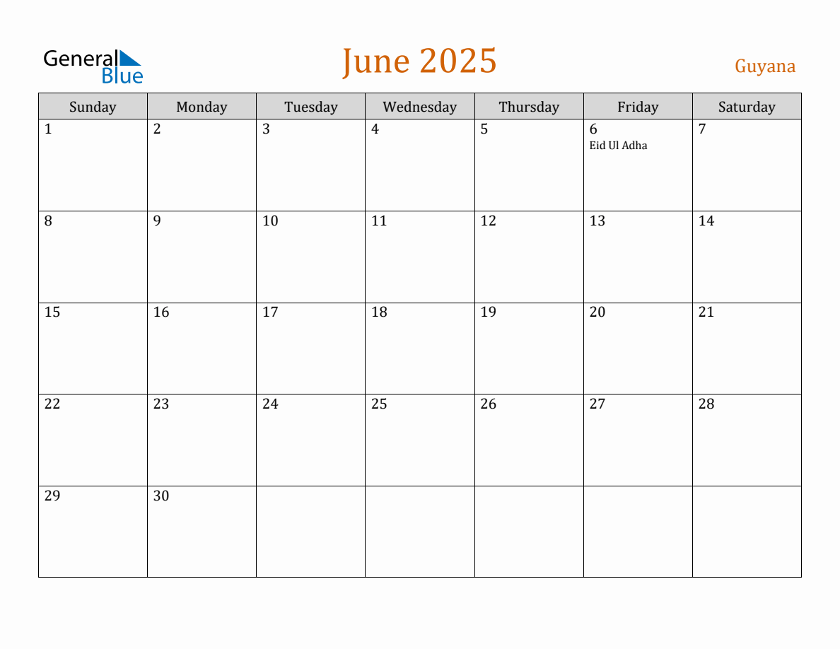 Free June 2025 Guyana Calendar