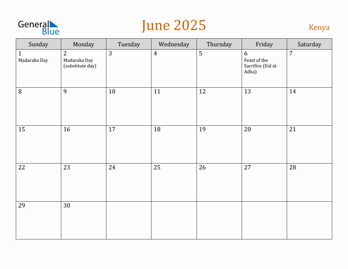 Free June 2025 Kenya Calendar