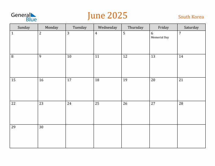 Free June 2025 South Korea Calendar