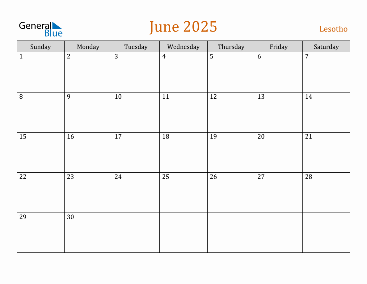 Free June 2025 Lesotho Calendar