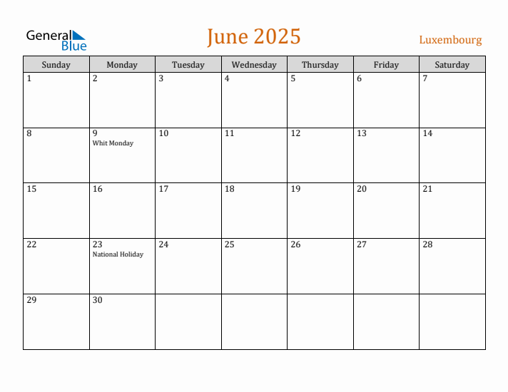 Free June 2025 Luxembourg Calendar