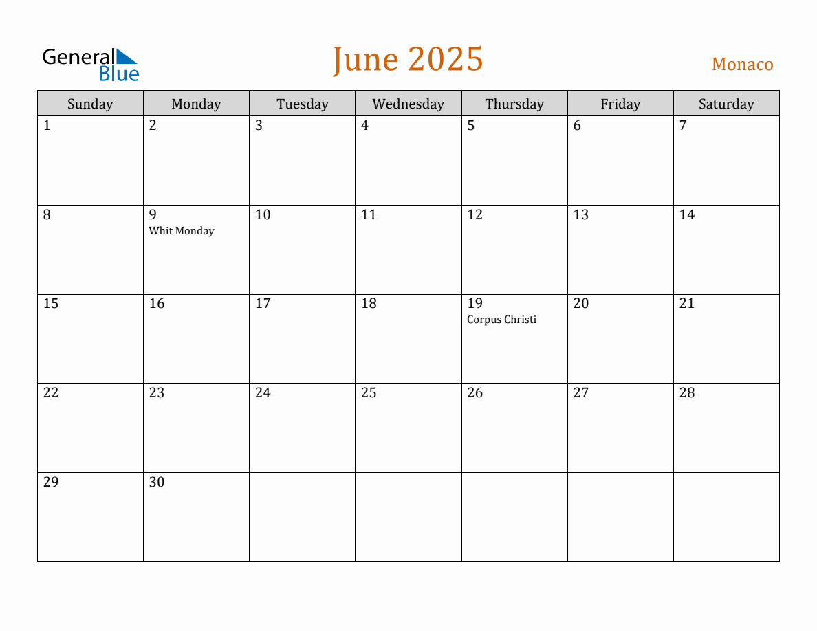 Free June 2025 Monaco Calendar