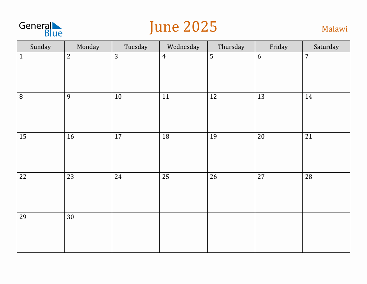 Free June 2025 Malawi Calendar