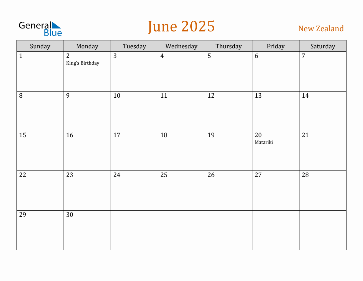 Free June 2025 New Zealand Calendar