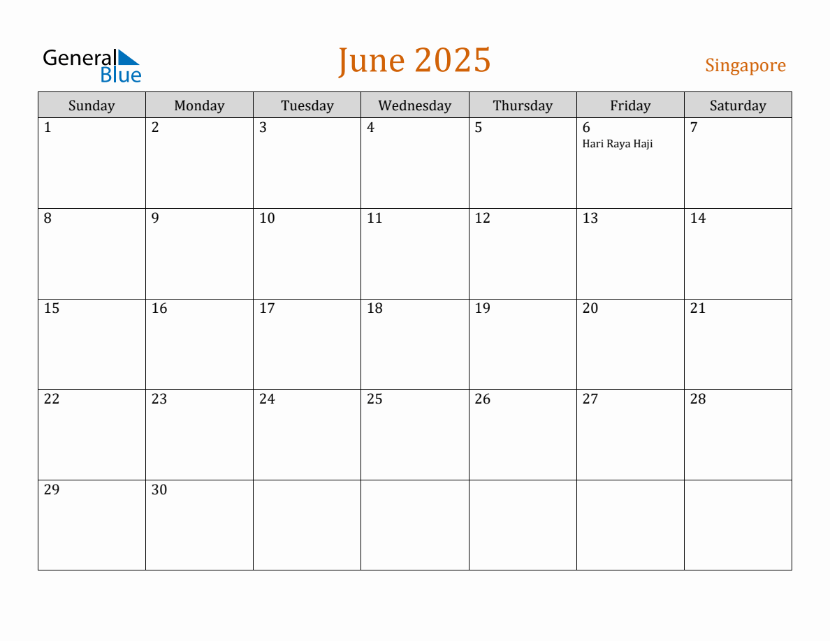 Free June 2025 Singapore Calendar