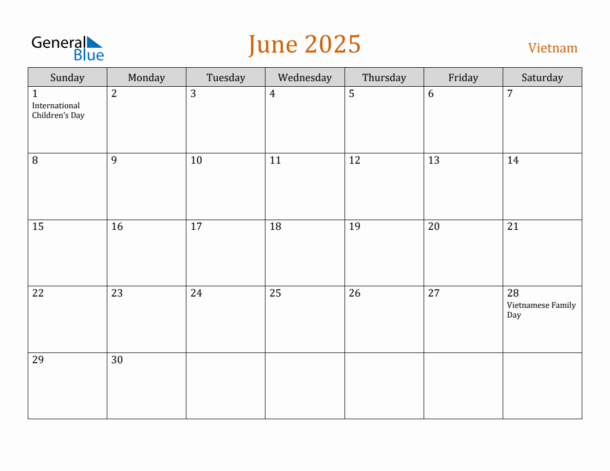 Free June 2025 Vietnam Calendar