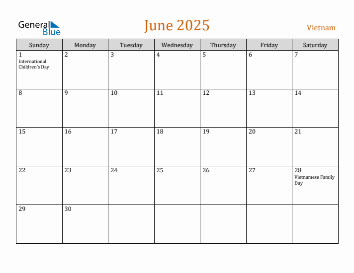 June 2025 Holiday Calendar with Sunday Start