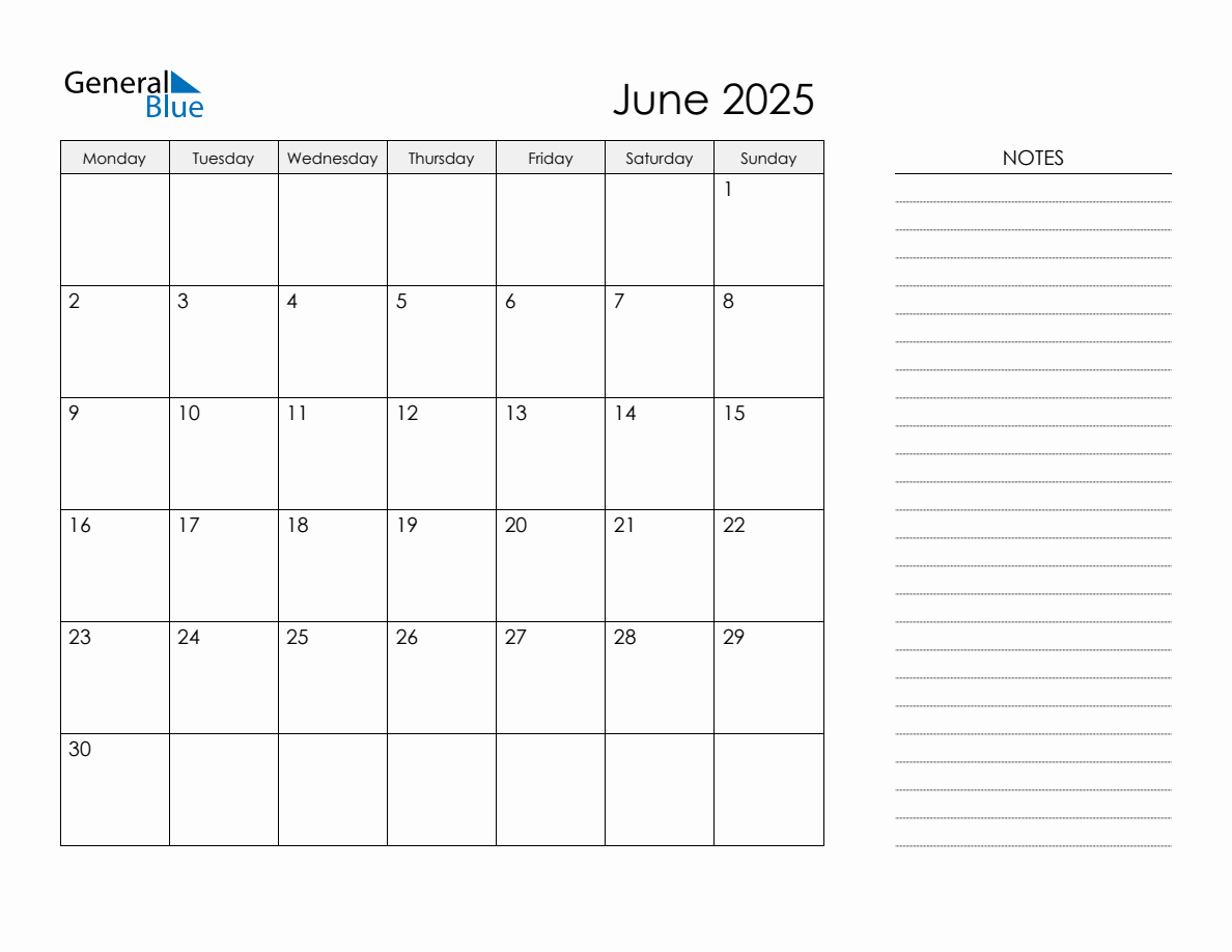 Printable Monthly Calendar with Notes June 2025