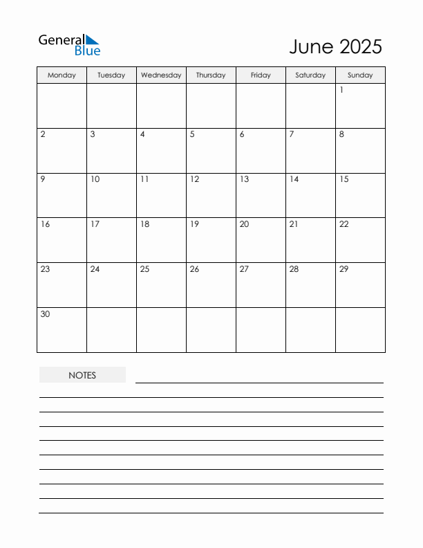Printable Calendar with Notes - June 2025 