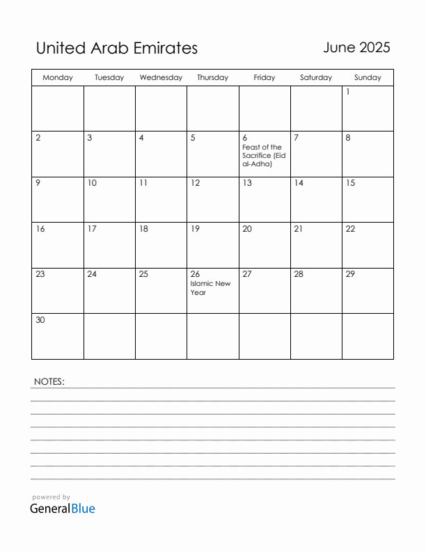 June 2025 United Arab Emirates Calendar with Holidays (Monday Start)