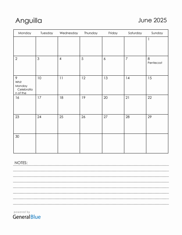 June 2025 Anguilla Calendar with Holidays (Monday Start)
