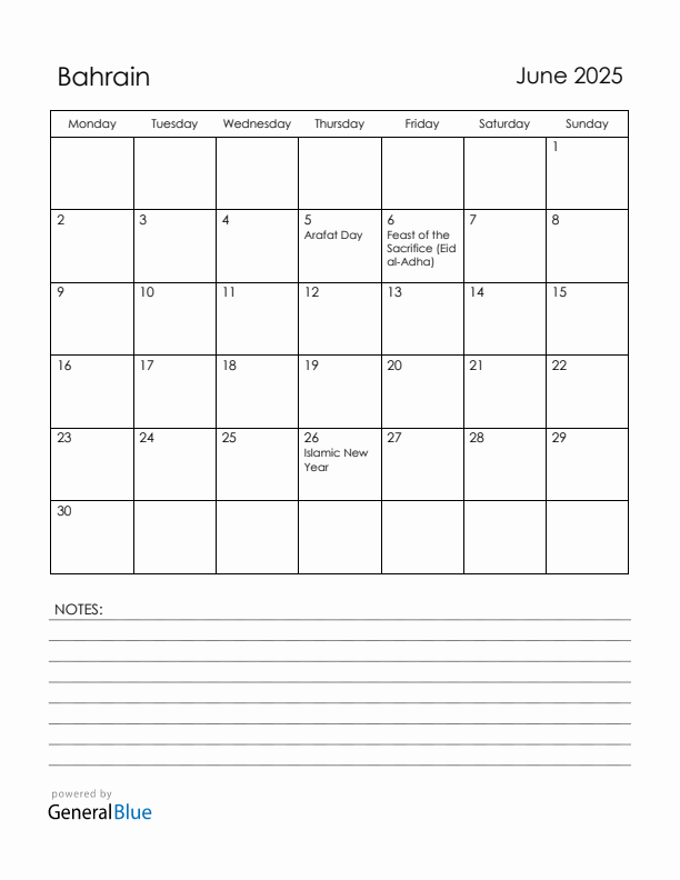 June 2025 Bahrain Calendar with Holidays (Monday Start)